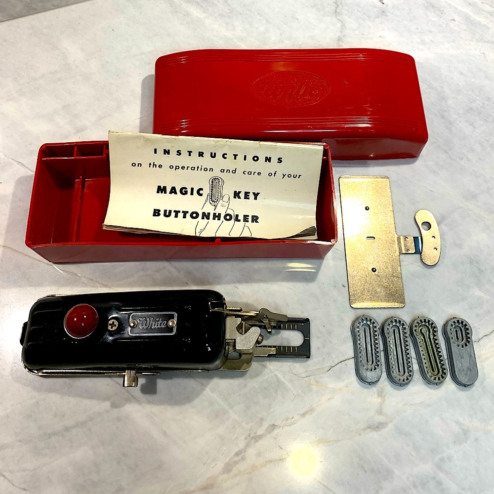 White’s buttonhole maker in case with all pieces and instructions